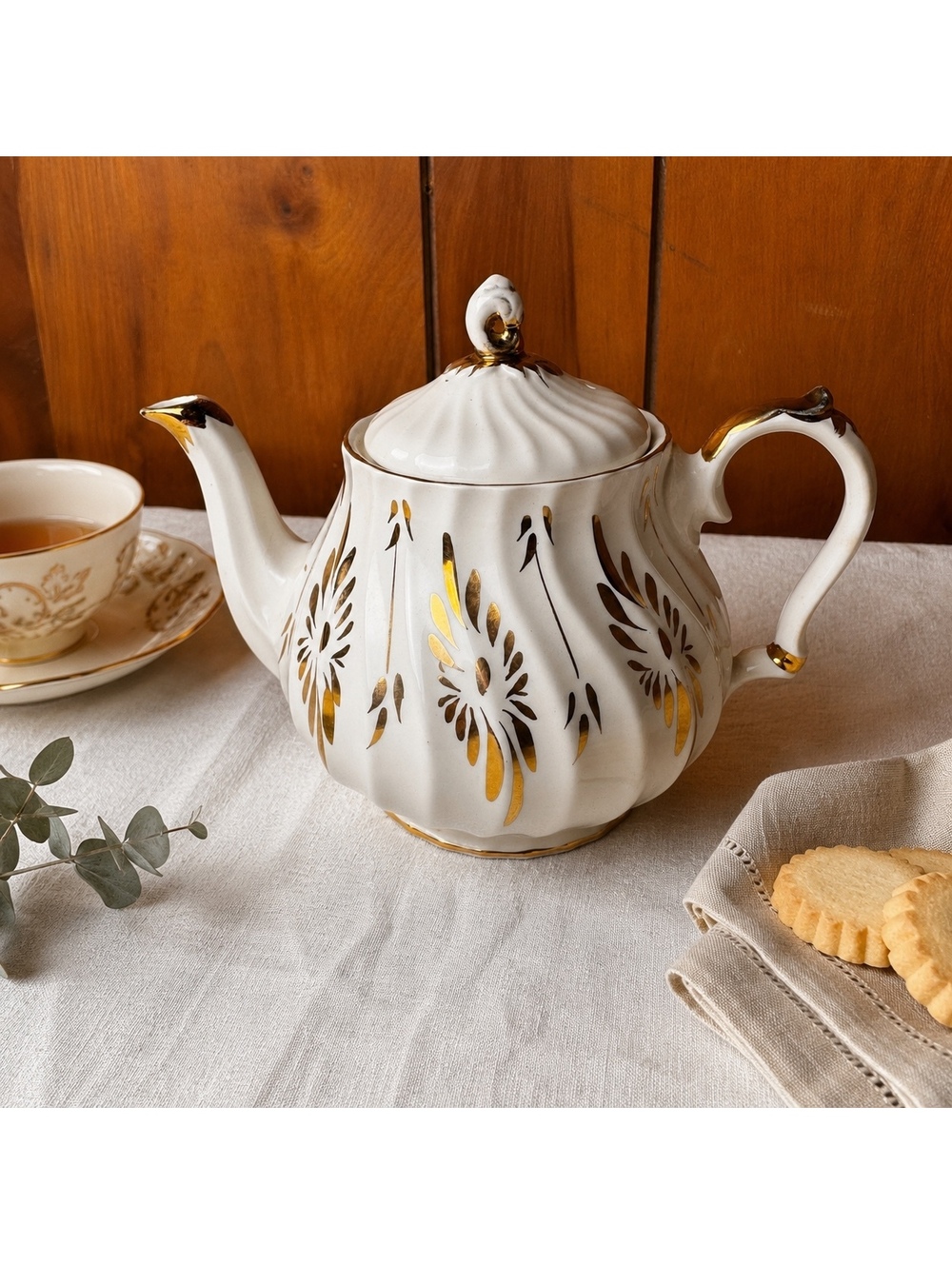 Vintage White Ceramic Teapot Gold Floral Details Swirl Lid Cottagecore Tea Serve - Picture 1 of 10